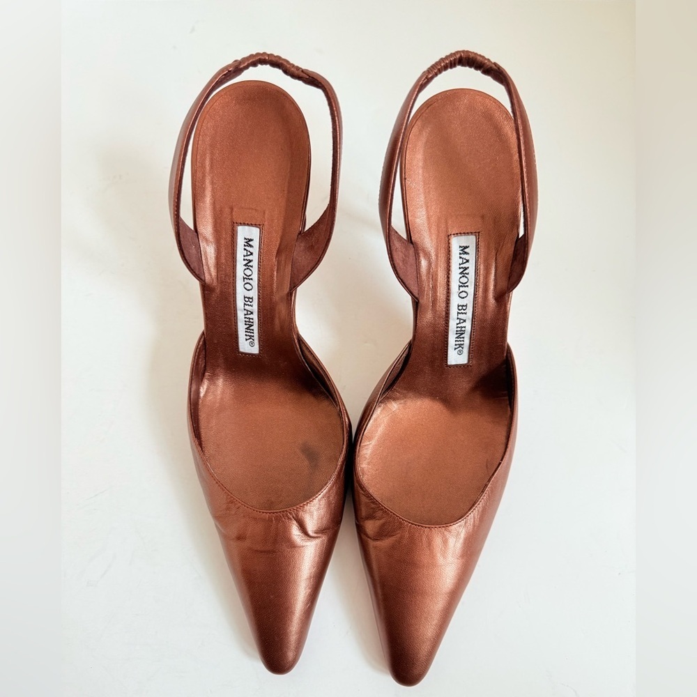 Manolo Blahnik Retro Metallic Bronze Brown Carolyne 70mm slingback pumps EU 37.5 - Picture 3 of 10